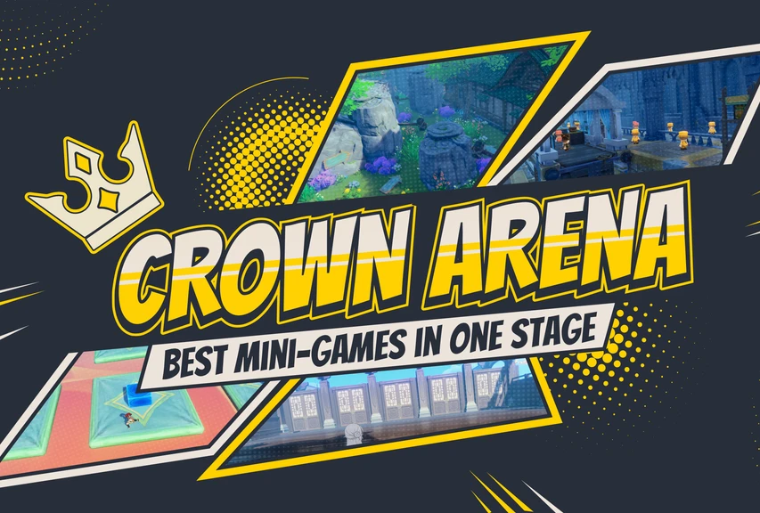 Заставка карты Crown Arena для Genshin Impact с короной и кадрами мини-игр