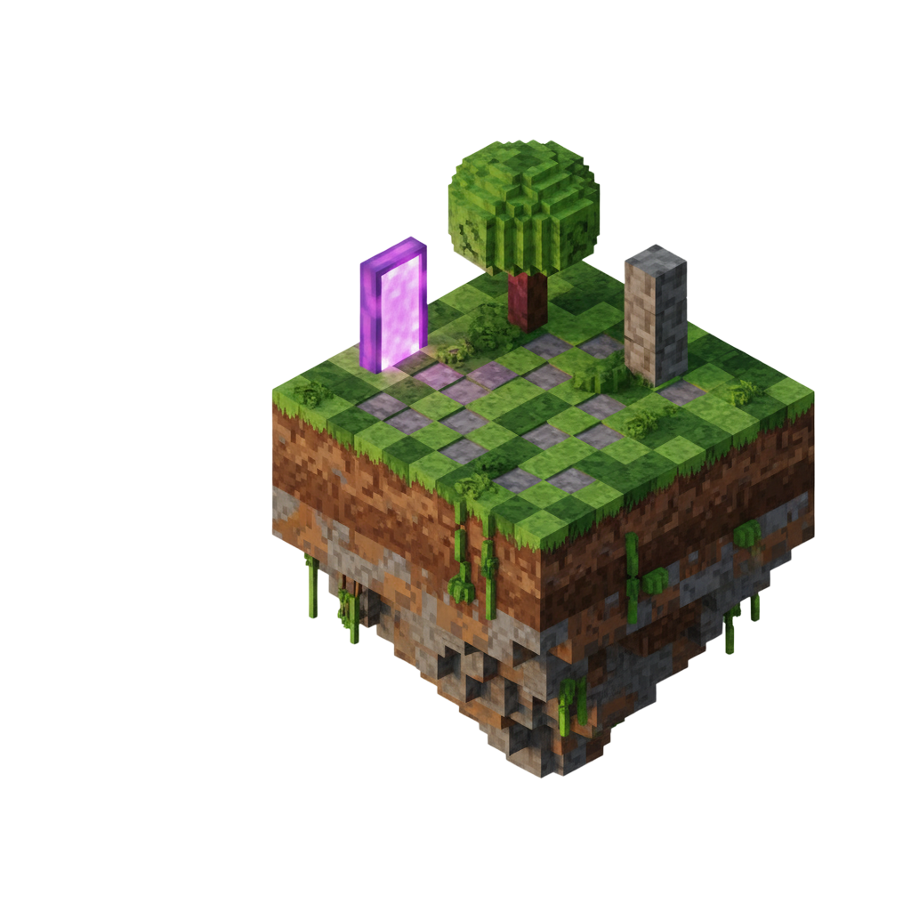 Воксельный парящий остров с деревом и светящимся порталом в стилистике Minecraft