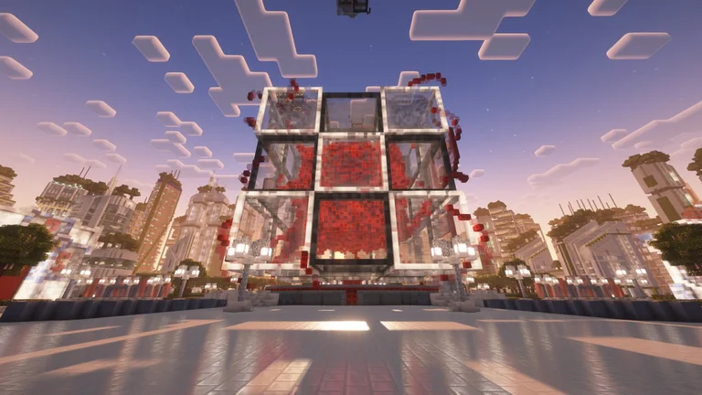 Красный куб на центральной площади города Кубиом в Minecraft