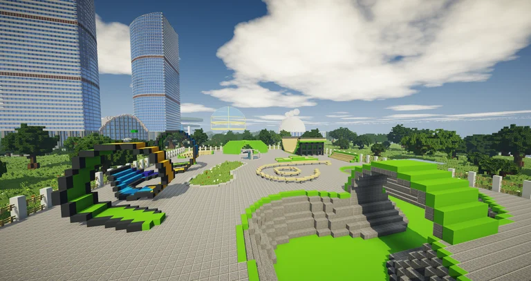 Корпуса и зелёная площадь цифрового офиса Сбера в Minecraft